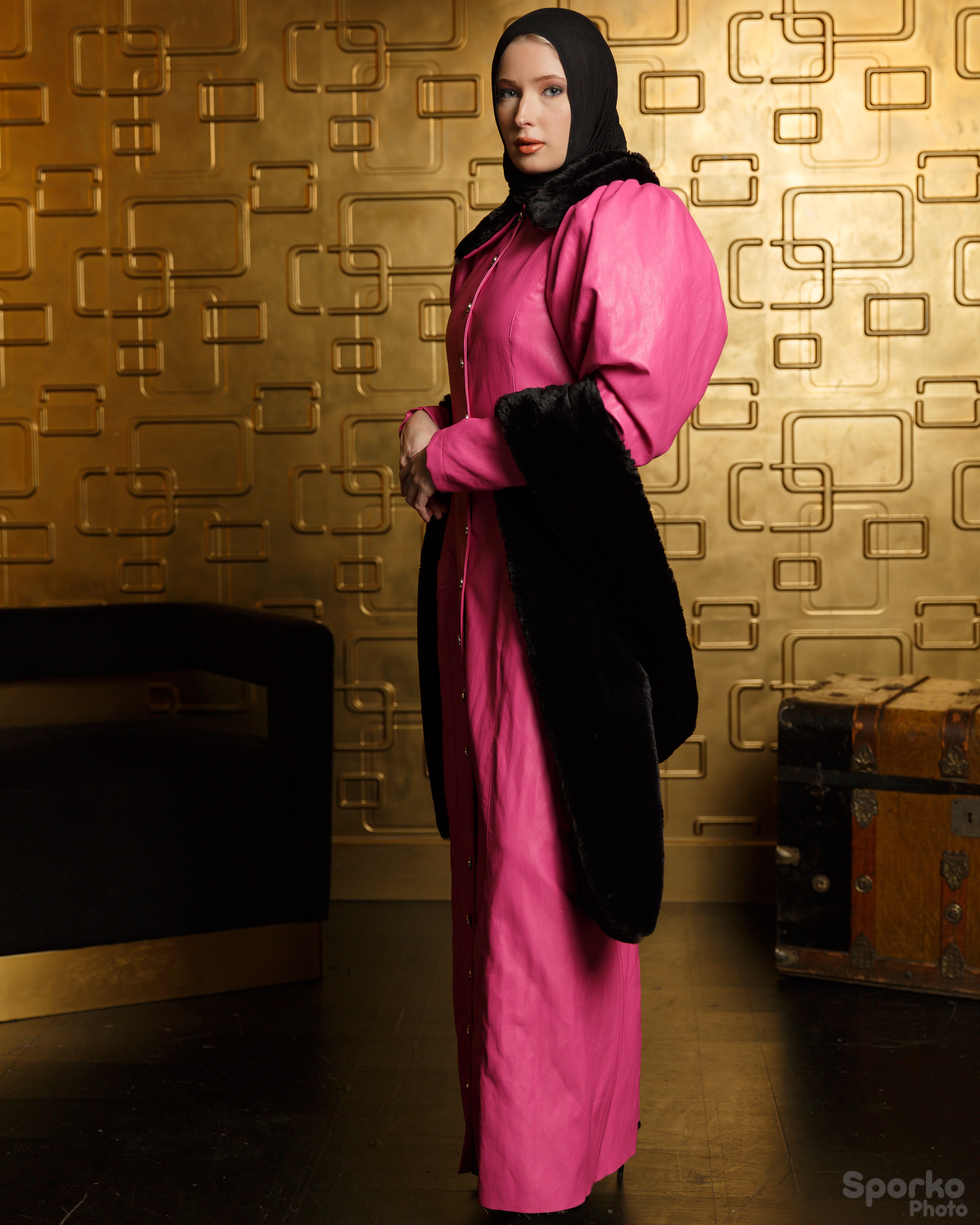 pink vegan leather coat with faux fur