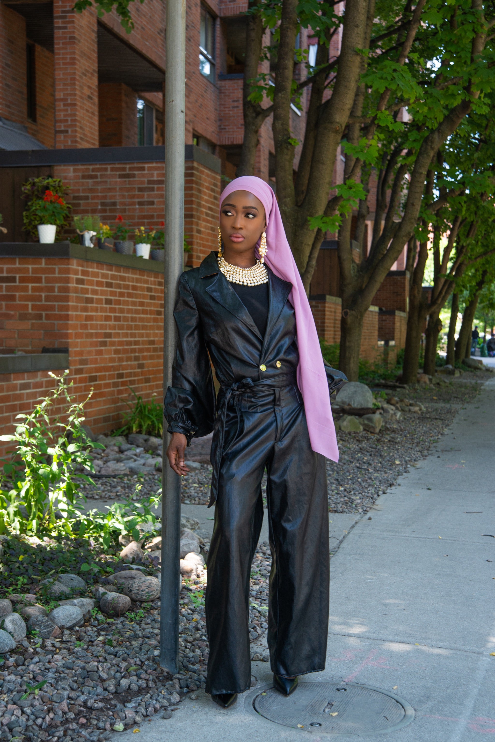 Vegan leather jumpsuit - The Wifey Collection, modest fashion 